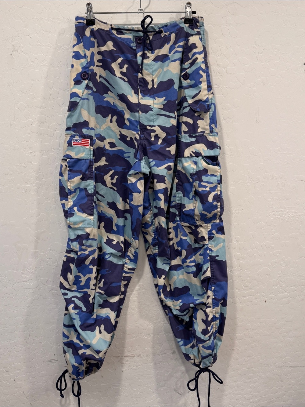 UFO Blue Camo Cargo Pants Vintage Rave Streetwear Wide Leg Baggy Trousers XS